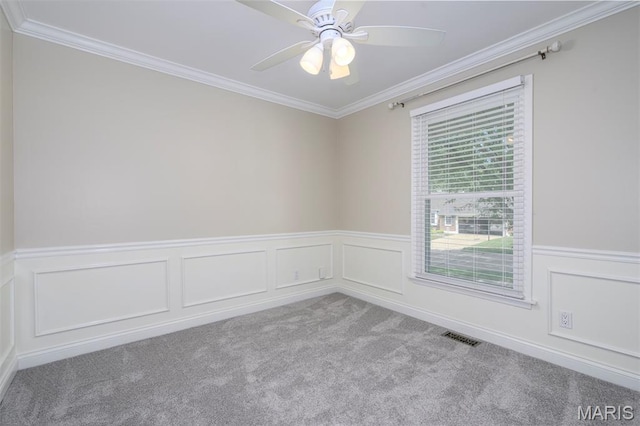 1730 Blakefield Ter, Manchester, MO 63021 - unfurnished room with ornamental molding, carpet flooring, a ceiling fan, and wainscoting