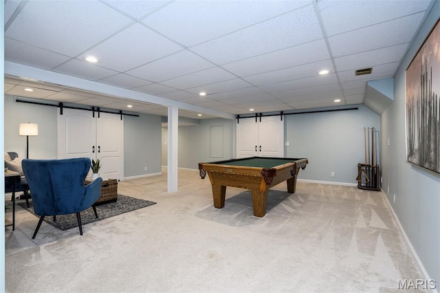 1730 Blakefield Ter, Manchester, MO 63021 - game room with light carpet, billiards, a barn door, a paneled ceiling, and recessed lighting