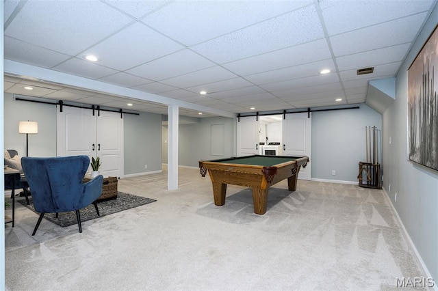 1730 Blakefield Ter, Manchester, MO 63021 - game room with a barn door, light colored carpet, billiards table, a drop ceiling, and recessed lighting