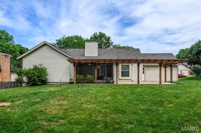 1730 Blakefield Ter, Manchester, MO 63021 - rear view of property with roof with shingles, a patio, a pergola, a chimney, and a sunroom