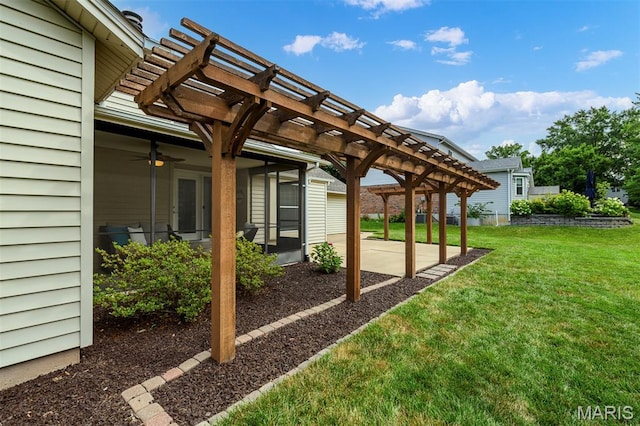 1730 Blakefield Ter, Manchester, MO 63021 - view of green lawn featuring a pergola, ceiling fan, and a patio