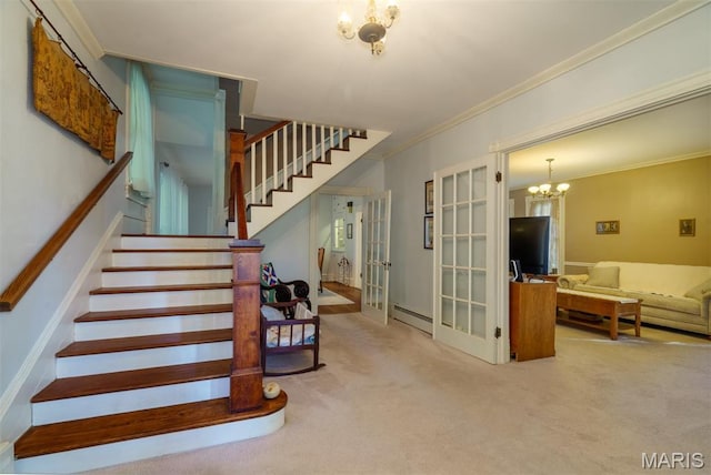 131 W James Blvd, St James, MO 65559 - stairway with a chandelier, french doors, crown molding, carpet floors, and a baseboard heating unit