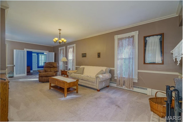 131 W James Blvd, St James, MO 65559 - carpeted living area featuring a chandelier, crown molding, and baseboard heating
