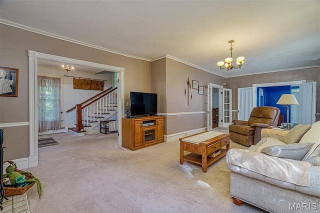 131 W James Blvd, St James, MO 65559 - living room with a chandelier, light colored carpet, stairway, crown molding, and french doors