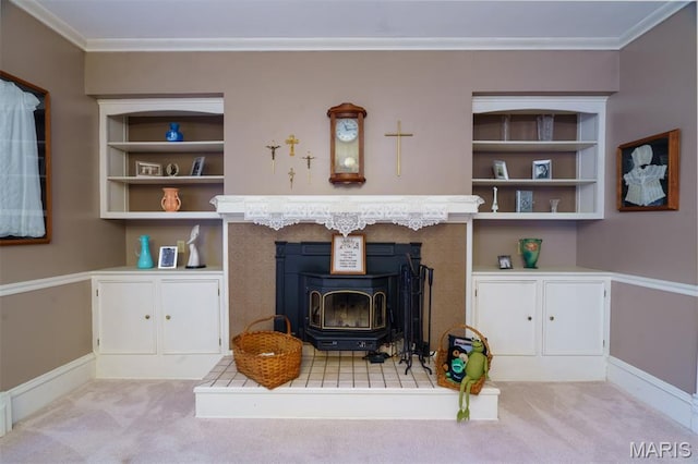 131 W James Blvd, St James, MO 65559 - living area with a wood stove, crown molding, and carpet flooring