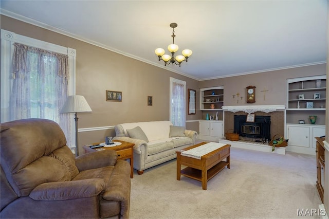131 W James Blvd, St James, MO 65559 - living area featuring a chandelier, light colored carpet, ornamental molding, built in features, and a wood stove
