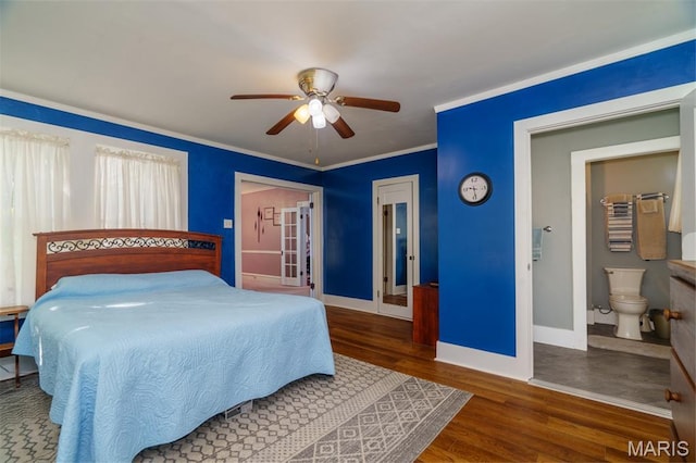 131 W James Blvd, St James, MO 65559 - bedroom with wood finished floors, ceiling fan, ornamental molding, and ensuite bath