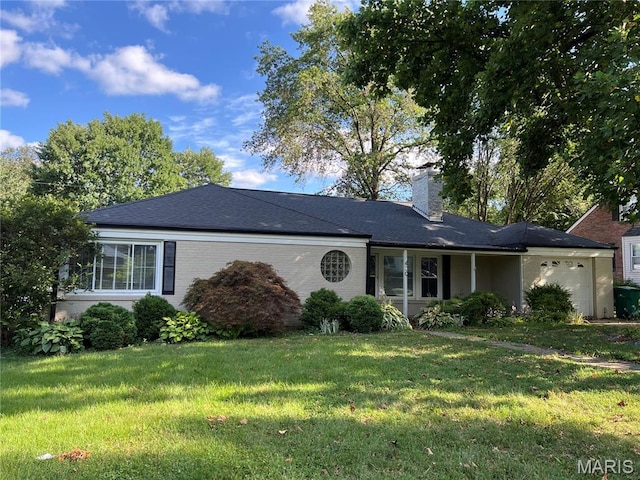 430 Cannonbury Dr, Webster Groves, MO 63119 - single story home with a garage, a front yard, a chimney, and brick siding