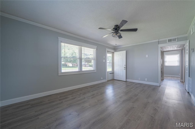 2004 Cottage Ave, Granite City, IL 62040 - empty room with a textured ceiling, ceiling fan, wood finished floors, and ornamental molding