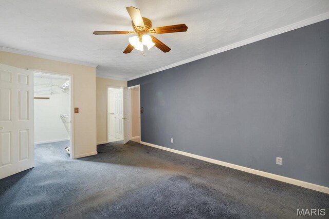 127 Hilltop Trl, Eureka, MO 63025 - unfurnished bedroom with carpet flooring, a spacious closet, a ceiling fan, and ornamental molding