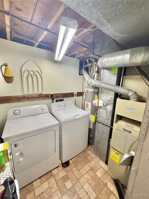 2284 Sunnyridge Dr, Arnold, MO 63010 - washroom featuring electric water heater, washer and dryer, and heating unit