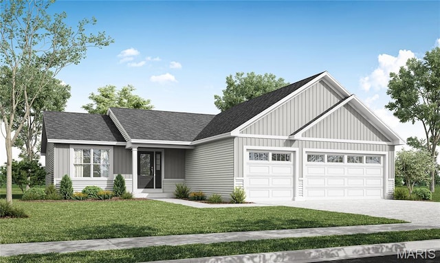 190 Cynthia Dr, Truesdale, MO 63380 - view of front facade featuring board and batten siding, an attached garage, driveway, and a front yard