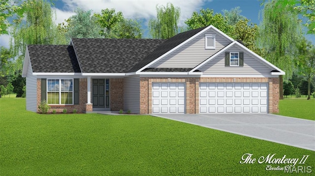 227 Wayfair Lndg, Saint Charles, MO 63301 - view of front of property featuring brick siding, driveway, a front yard, a shingled roof, and a garage