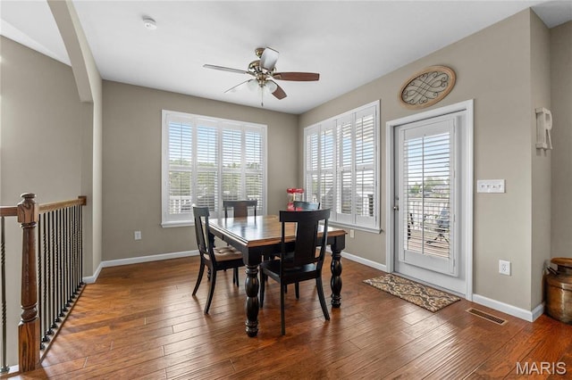 9882 W Vista Dr, Hillsboro, MO 63050 - dining area featuring a ceiling fan, plenty of natural light, and wood-type flooring