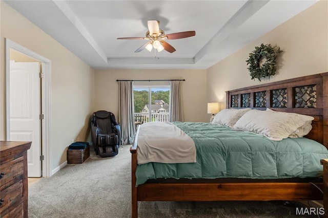 9882 W Vista Dr, Hillsboro, MO 63050 - bedroom featuring a raised ceiling, carpet floors, access to exterior, and a ceiling fan