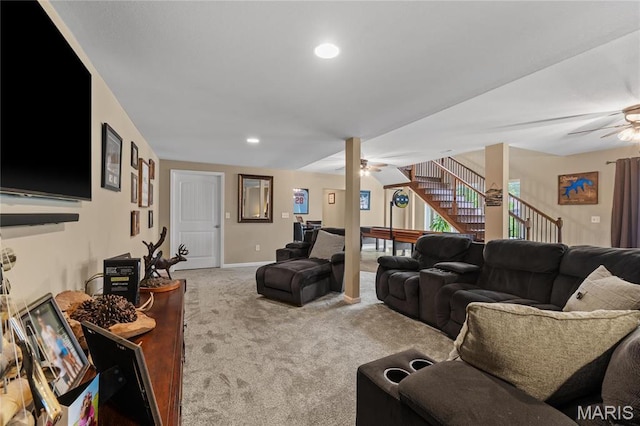 9882 W Vista Dr, Hillsboro, MO 63050 - carpeted living room with a ceiling fan, stairs, and recessed lighting