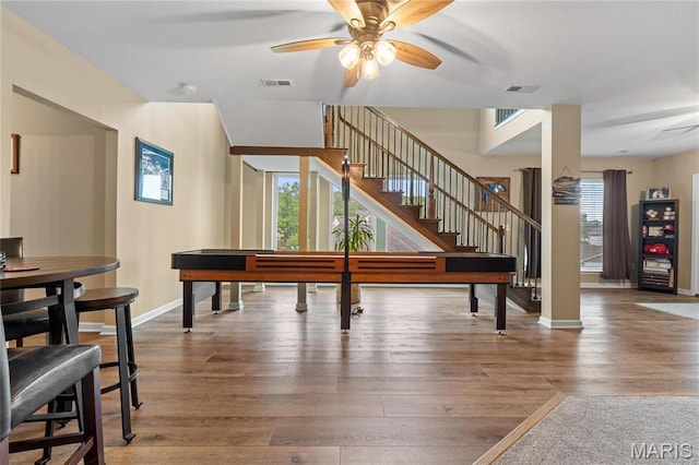 9882 W Vista Dr, Hillsboro, MO 63050 - game room with wood-type flooring, healthy amount of natural light, and ceiling fan