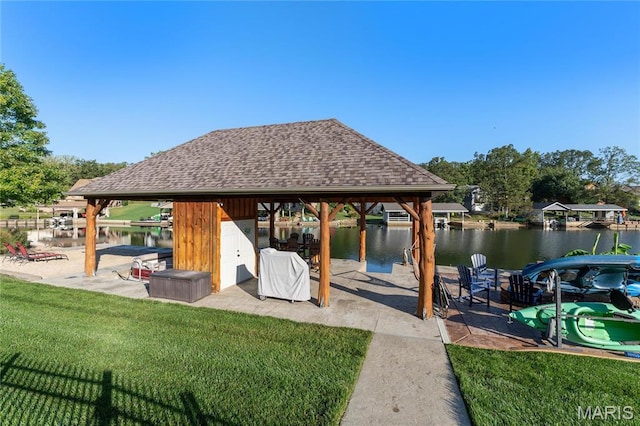 9882 W Vista Dr, Hillsboro, MO 63050 - dock featuring a lawn, a water view, and a gazebo