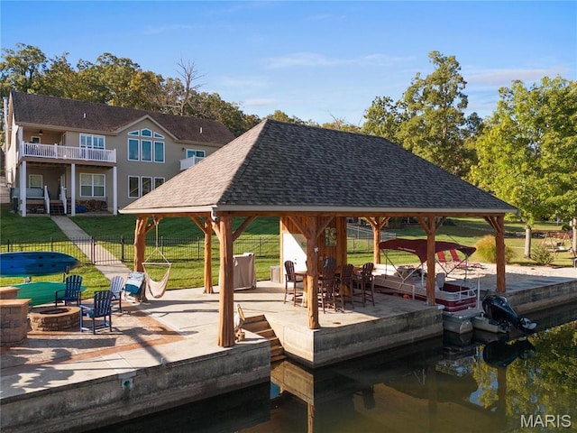 9882 W Vista Dr, Hillsboro, MO 63050 - dock featuring an outdoor fire pit, a gazebo, and a patio