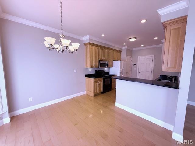 205 Prominence Ln, Lake St Louis, MO 63367 - kitchen with black / electric stove, stainless steel microwave, dark countertops, crown molding, and white fridge with ice dispenser