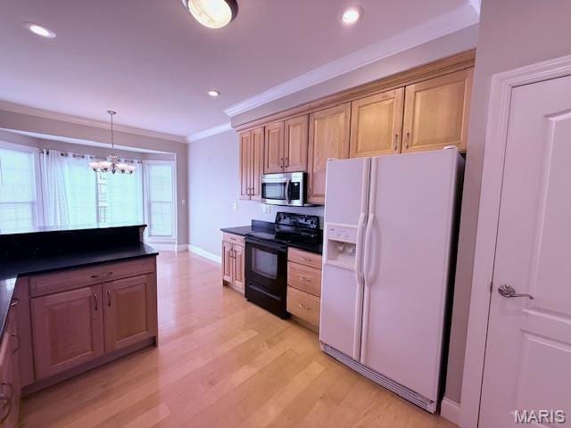 205 Prominence Ln, Lake St Louis, MO 63367 - kitchen with white fridge with ice dispenser, black electric range oven, stainless steel microwave, a chandelier, and dark countertops