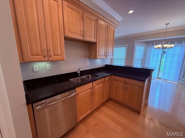 205 Prominence Ln, Lake St Louis, MO 63367 - kitchen featuring stainless steel dishwasher, light wood-style floors, ornamental molding, a chandelier, and a peninsula