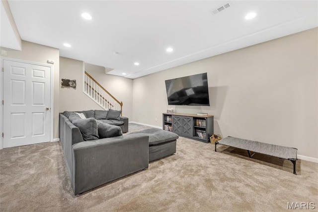16517 Lancaster Estates Dr, Grover, MO 63040 - carpeted living area with recessed lighting and stairway