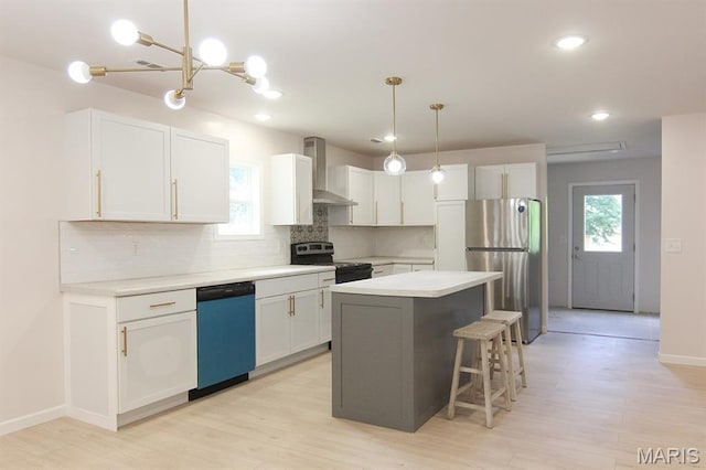 320 E Davidson Ave, Chaffee, MO 63740 - kitchen with freestanding refrigerator, dishwashing machine, wall chimney exhaust hood, black range with electric stovetop, and tasteful backsplash