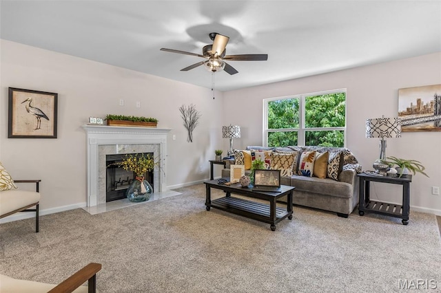 1917 Magnolia Way, Pevely, MO 63070 - carpeted living room featuring ceiling fan and a high end fireplace