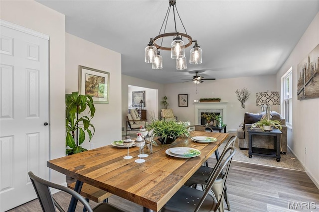 1917 Magnolia Way, Pevely, MO 63070 - dining space featuring a ceiling fan, a chandelier, a fireplace, and light wood-type flooring