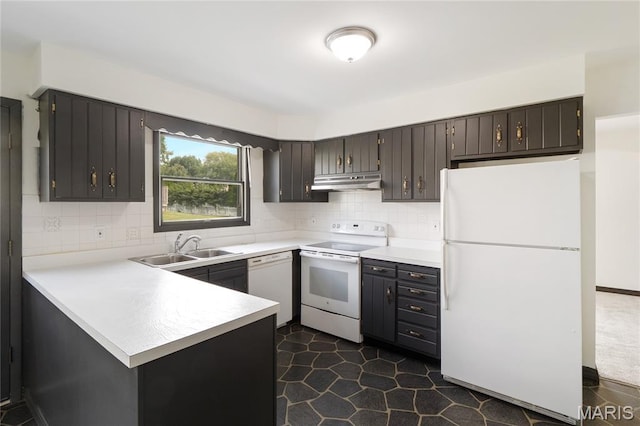 2516 Westminister Dr, Saint Charles, MO 63301 - kitchen featuring white appliances, under cabinet range hood, a peninsula, decorative backsplash, and light countertops