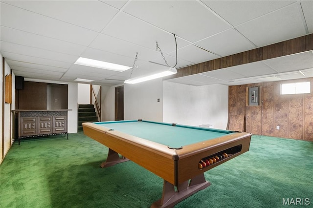 2516 Westminister Dr, Saint Charles, MO 63301 - recreation room featuring carpet, a paneled ceiling, electric panel, wooden walls, and billiards table