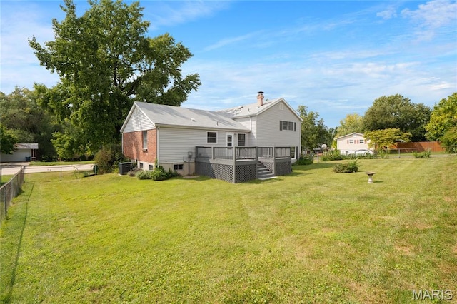 2516 Westminister Dr, Saint Charles, MO 63301 - rear view of property featuring a wooden deck, a chimney, stairs, and brick siding