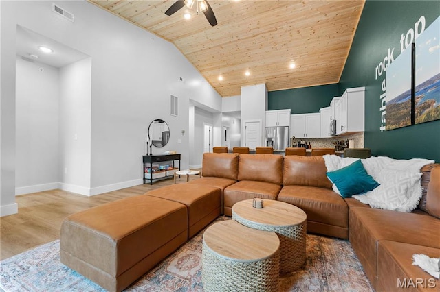 68 Meg Marie Ln Unit B, Branson, MO 65616 - living room with wood ceiling, high vaulted ceiling, a ceiling fan, light wood-style flooring, and recessed lighting