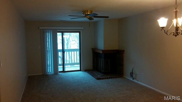 2244 Canyonlands Dr Unit B, Maryland Heights, MO 63043 - unfurnished living room featuring a chandelier, carpet, ceiling fan, and a fireplace