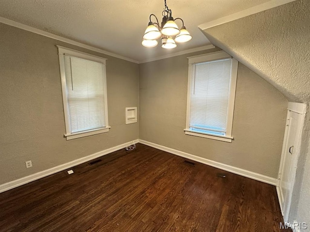 6624 Bartmer Ave, University City, MO 63130 - additional living space with dark wood finished floors, a chandelier, a textured ceiling, and a textured wall
