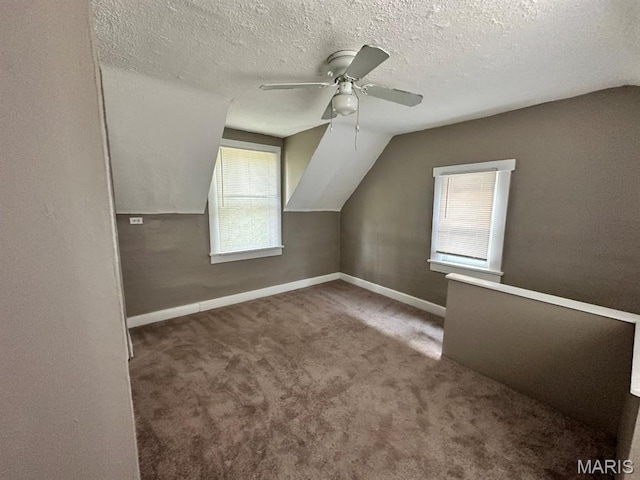 6624 Bartmer Ave, University City, MO 63130 - bonus room featuring a ceiling fan, plenty of natural light, a textured ceiling, carpet floors, and lofted ceiling