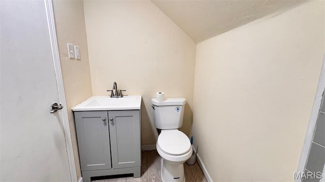 3400 Adie Rd, Saint Ann, MO 63074 - half bathroom featuring lofted ceiling, vanity, and wood finished floors