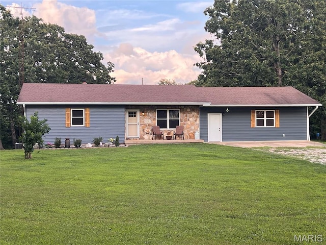 14574 Colorado Rd, Dixon, MO 65459 - ranch-style home with a front lawn, stone siding, and a shingled roof