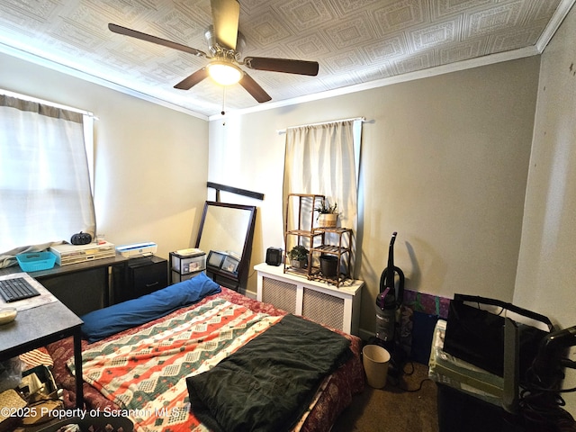 bedroom with multiple windows, ornamental molding, and ceiling fan