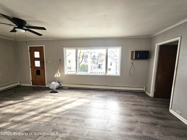 foyer with a wall mounted air conditioner, dark hardwood / wood-style flooring, ornamental molding, ceiling fan, and baseboard heating