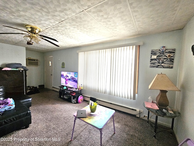 living room featuring ceiling fan, carpet flooring, a wall mounted AC, and baseboard heating