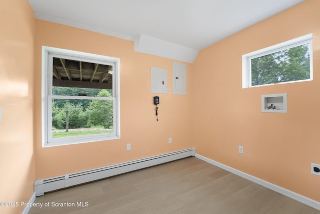 20337 State Route 171, Susquehanna, PA 18847 - washroom featuring baseboard heating, electric panel, electric dryer hookup, and wood finished floors