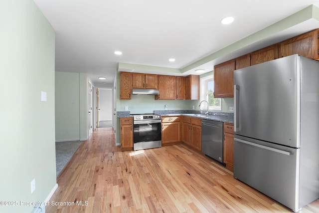 20337 State Route 171, Susquehanna, PA 18847 - kitchen featuring appliances with stainless steel finishes, under cabinet range hood, brown cabinets, light wood finished floors, and recessed lighting