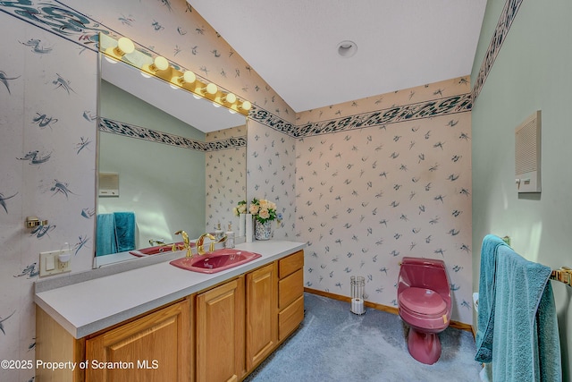 1742 State Route 848, New Milford, PA 18834 - bathroom with vanity, wallpapered walls, and lofted ceiling