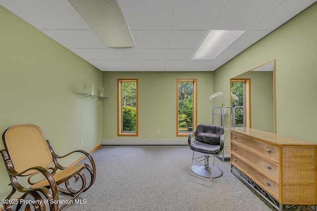 1742 State Route 848, New Milford, PA 18834 - living area with a baseboard radiator, a drop ceiling, and carpet flooring