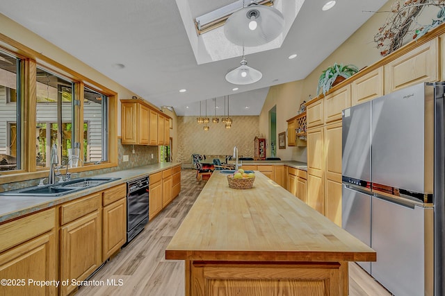 1742 State Route 848, New Milford, PA 18834 - kitchen with freestanding refrigerator, wooden counters, light wood finished floors, a kitchen island, and dishwasher
