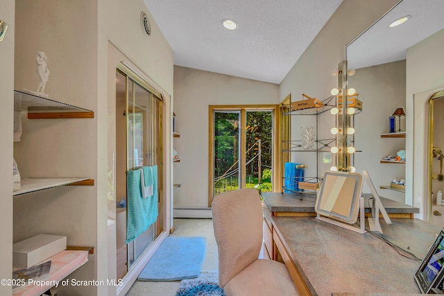 1742 State Route 848, New Milford, PA 18834 - bathroom with a baseboard radiator, lofted ceiling, a chandelier, and recessed lighting