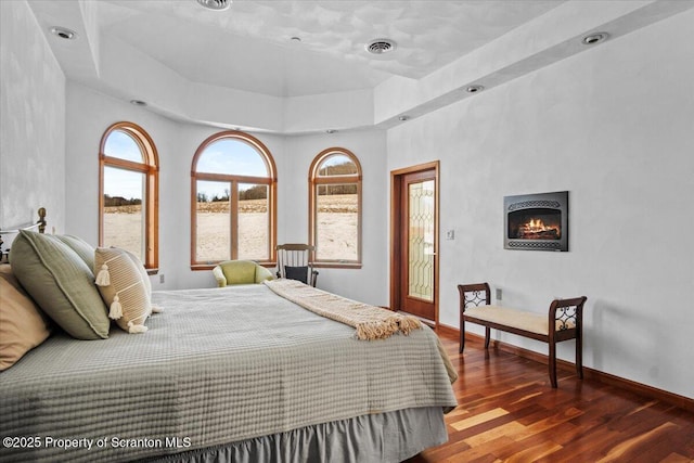 bedroom with dark wood-type flooring and a raised ceiling