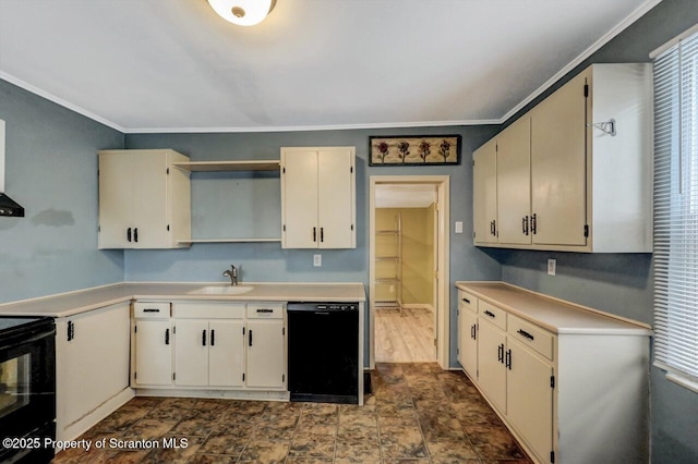 kitchen featuring black appliances, ornamental molding, open shelves, a sink, and light countertops